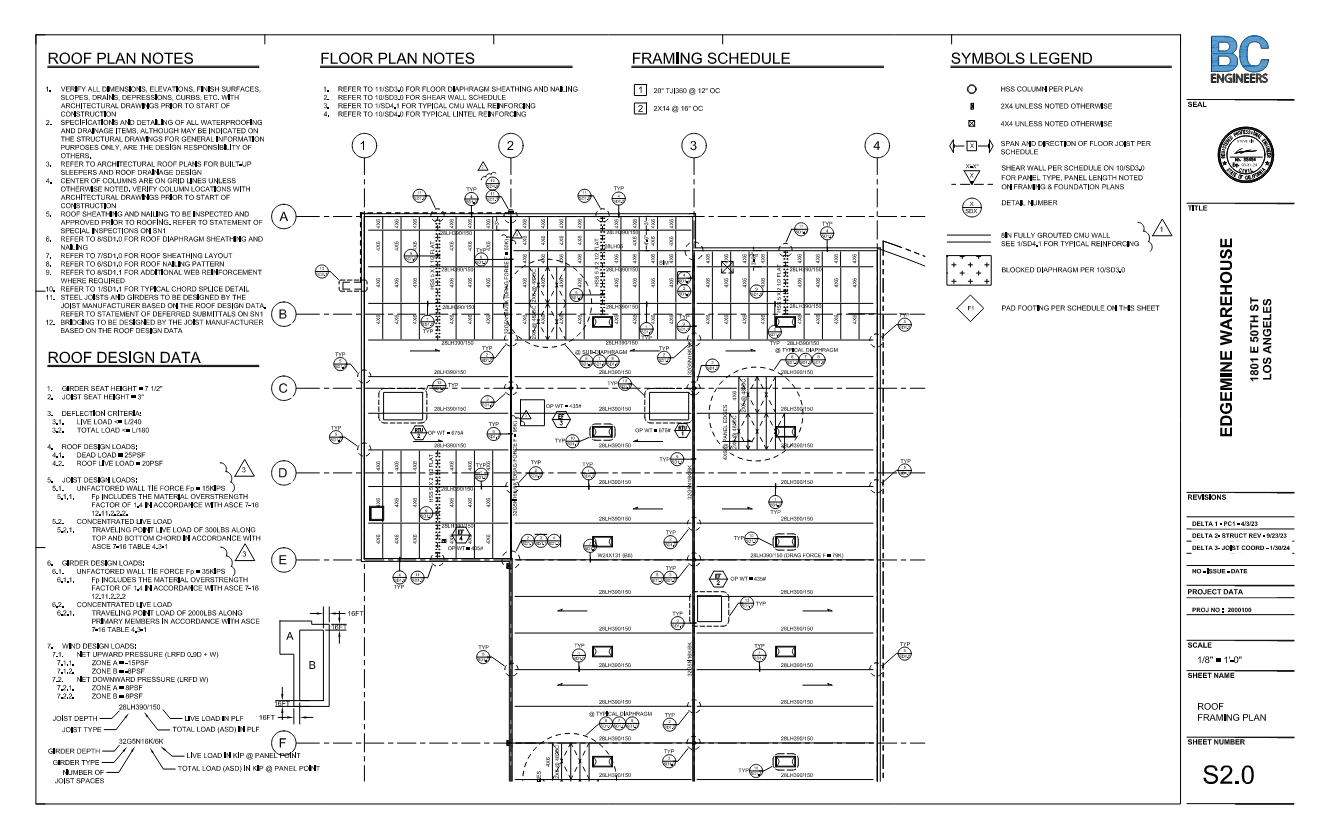 Partial structural roof framing plans for 1801 E 50th Street, Los Angeles, CA. This project involved the design of a new CMU warehouse building.