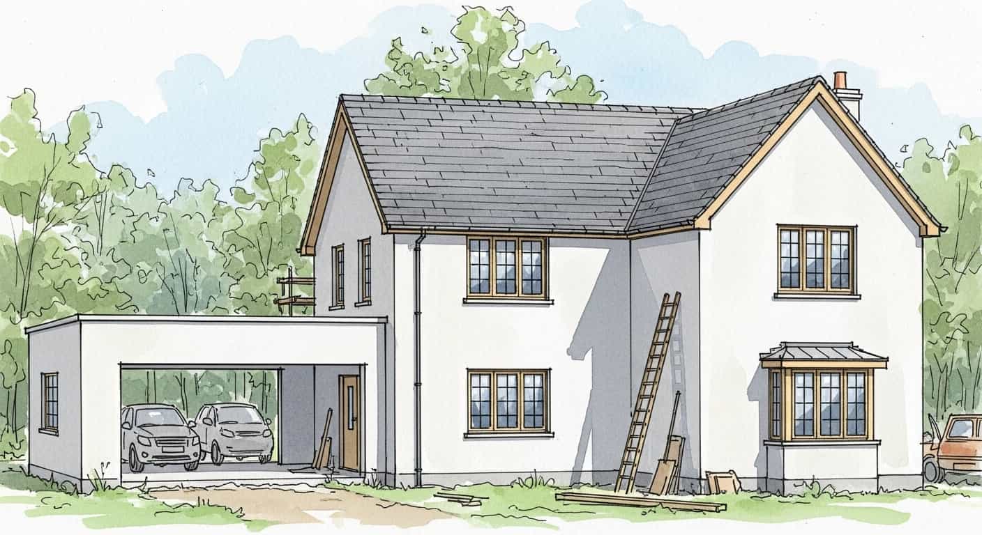 Sketch of a residential single-family-dwelling home in the suburbs.